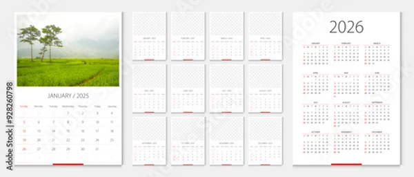 Fototapeta Calendar 2025, calendar 2026 week start Sunday corporate design template vector. Desk calendar 2026. Sample image with mesh.