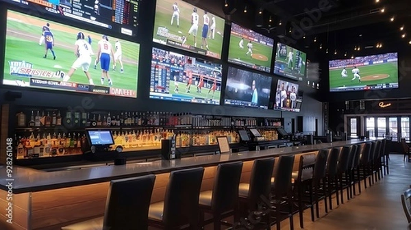 Fototapeta Modern sports bar with multiple large screens showcasing a variety of sporting events. The bar is full of patrons enjoying the game and the atmosphere.