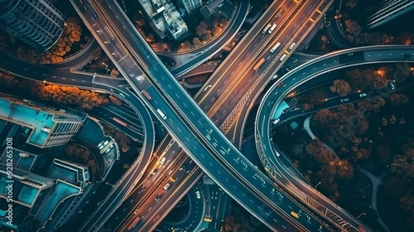 Fototapeta Aerial View of Intricate Transportation Network with Highways Railways and Shipping Routes