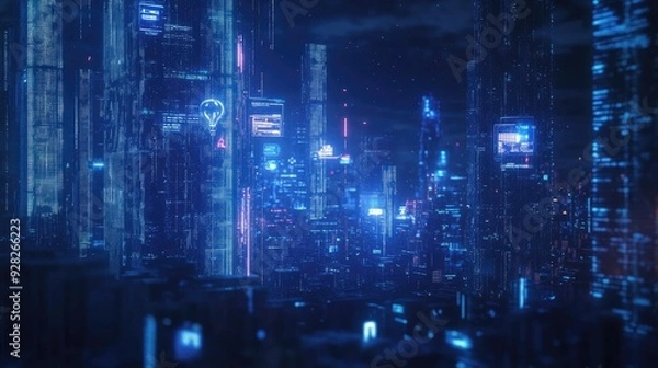 Fototapeta Futuristic cityscape with holographic icons of global business ideas emerging, blending technology and innovation. Space for text in the foreground.