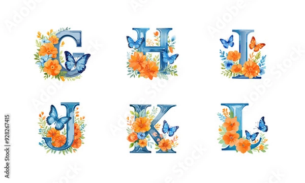 Fototapeta Watercolor Floral Alphabet Set G, H, I, J, K, L With Butterfly. Botanic, Bouquets, Baby. Generative AI