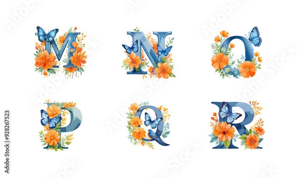 Fototapeta Watercolor Floral Alphabet Set M, N, O, P, Q, R With Butterfly. Botanic, Bouquets, Baby. Generative AI
