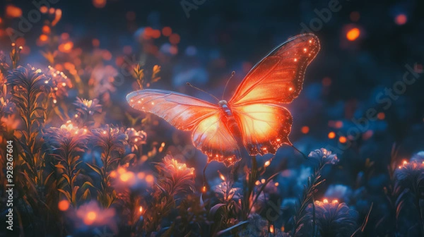 Fototapeta A butterfly is flying in a field of flowers. The butterfly is orange and has a glowing effect. The scene is peaceful and serene, with the butterfly being the focal point of the image