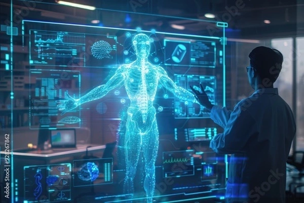 Obraz Remote healthcare consultation via hologram, depicting future medicine