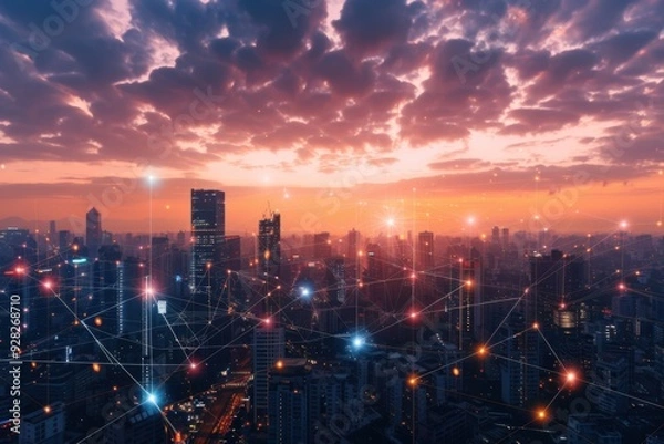 Fototapeta City Skyline with Digital Web at Sunset