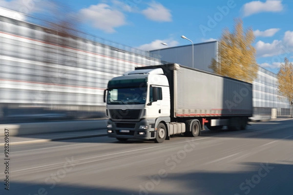 Fototapeta A transport truck rapidly moving through a quiet industrial area, with motion blur to illustrate the speed and efficiency of freight services