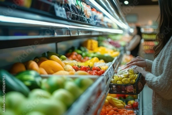 Fototapeta Fresh fruits and vegetables neatly displayed on supermarket shelves, slightly blurred, as a woman carefully selects her purchases