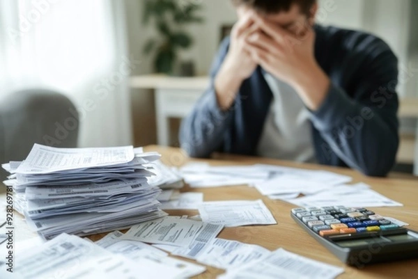 Obraz A stressed individual sitting at a table with a stack of debt notices, bills, and a calculator, symbolizing the emotional toll of managing overwhelming debt