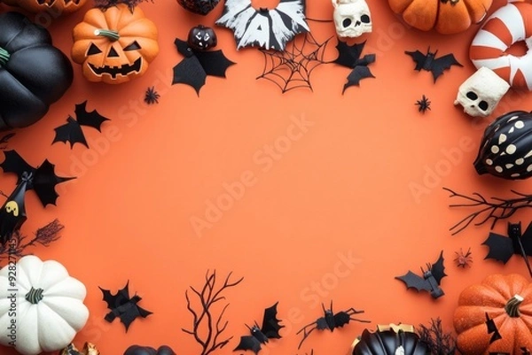 Fototapeta Flat lay of Halloween decorations on an orange background with a central space for copy, perfect for greeting card mockups or party invitations