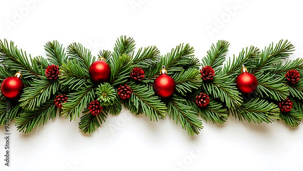 Fototapeta Christmas garland, with green twigs red decorations in a wave garland isolated on white. Top view.
