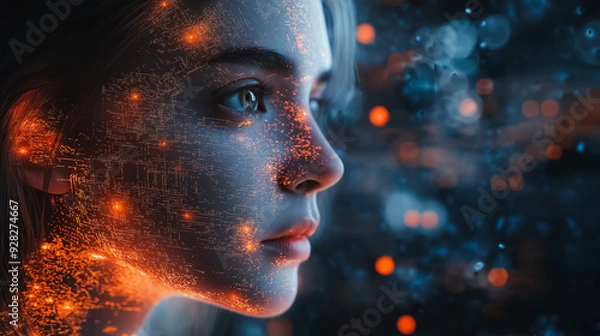 Fototapeta A woman's face is covered in glowing, pixelated dots. The image has a futuristic, sci-fi feel to it, with the dots representing a digital or computer-generated effect. The woman's eyes are open