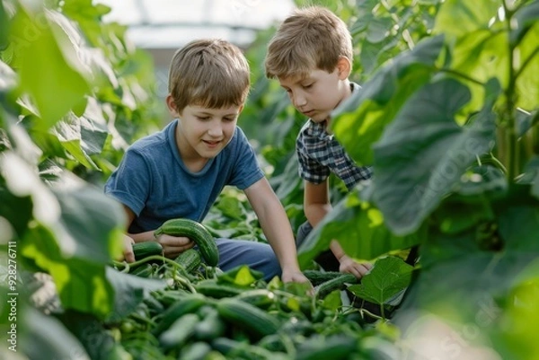 Fototapeta Two boys pick cucumbers on a farm, Generative AI