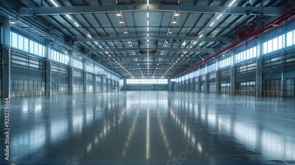 Fototapeta An expansive, well-lit smart warehouse with clean, shiny floors and an uncluttered layout. The space is illuminated by clear, bright lighting, ready for use.