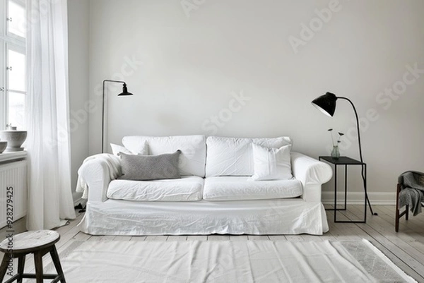 Fototapeta Bright minimal white living room with a white couch and minimalistic decor elements, creating a serene atmosphere.