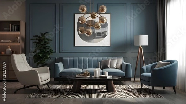 Obraz A living room with a couch a table and a lamp