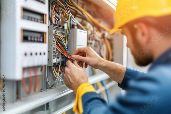 Fototapeta An electrician installing wiring in a new home, with cables, switches, and electrical panels in view