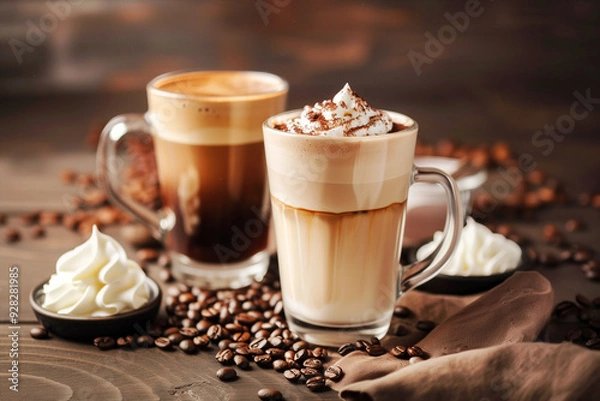 Fototapeta Variety of coffee like cappuccino, macchiato, milk coffee, hot drink for breakfast, take a break 