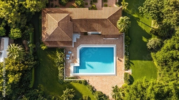 Fototapeta Aerial view of a large house with a beautiful swimming pool and garden, surrounded by open copy space.