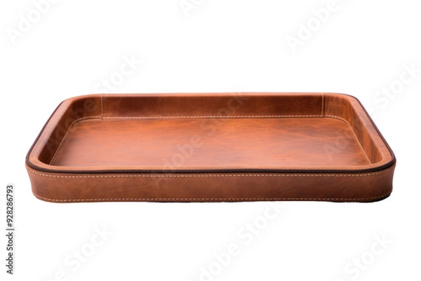 Fototapeta A Rustic Brown Leather Tray With Stitched Edges on a White or Clear Surface PNG Transparent Background.