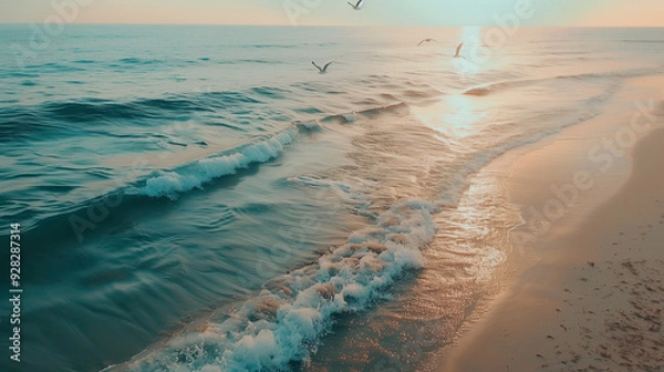 Fototapeta Tranquil Beginnings: Pristine Beach at Dawn Offers a Peaceful High-Angle View