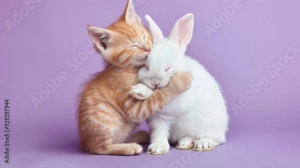 Obraz playful ginger kitten and white rabbit hugging on purple background, an animal duo concept representing friendship and love in still life photography