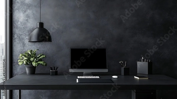 Fototapeta A black desk with a computer, a plant, and a notepad.