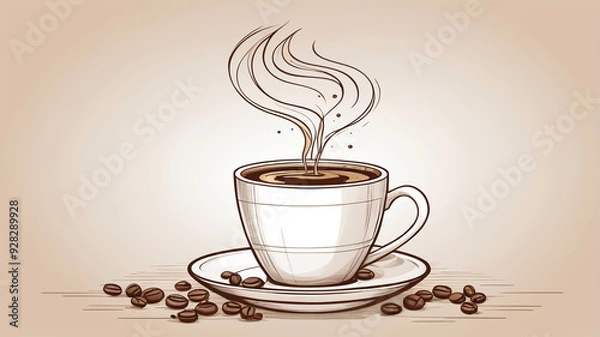 Fototapeta Hand-drawn coffee cup with steaming hot drink, surrounded by scattered coffee beans, vintage style illustration.
