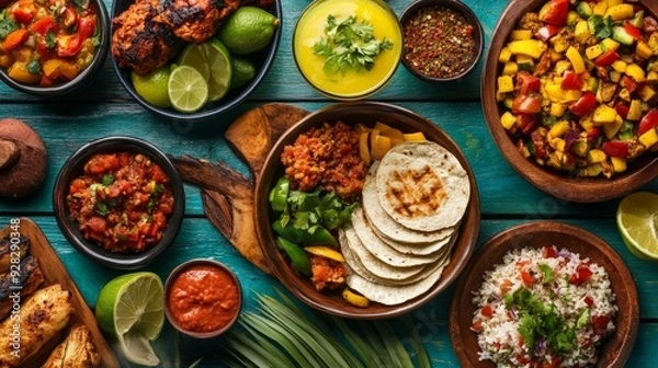 Fototapeta Explore the flavors of a Caribbean feast, where tropical ingredients and vibrant spices take center stage.