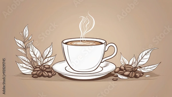Fototapeta Hand-drawn coffee cup with steaming hot drink, flanked by coffee beans and leaves, vintage style illustration.
