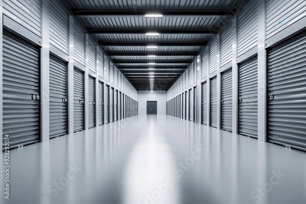 Obraz Expansive warehouse interior filled with organized rows of metal self-storage units, creating a sense of order and space optimization