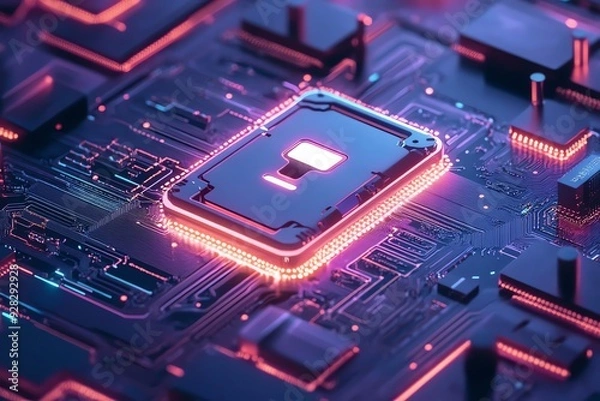 Fototapeta Neon glowing CPU on motherboard.