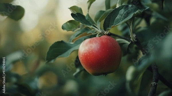 Fototapeta Red apple hanging from a branch in an orchard during fall