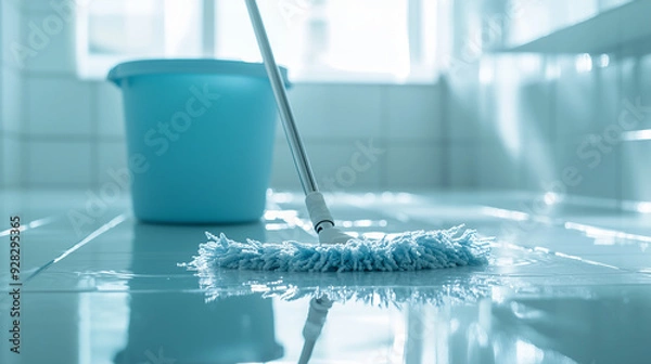 Fototapeta Mop_and_bucket_on_a_wet_floor