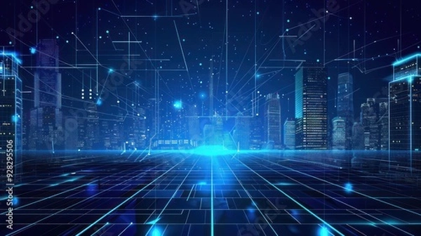 Fototapeta Cyberpunk Cityscape with Digital Network