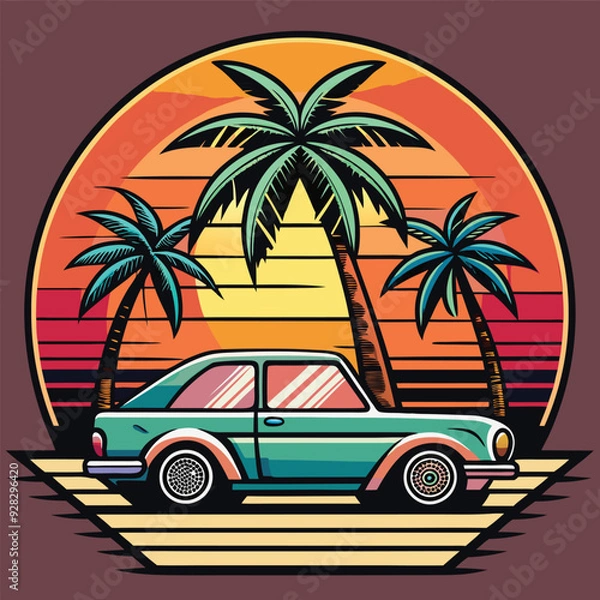 Fototapeta palm trees sunset sea car sticker for tshirt design