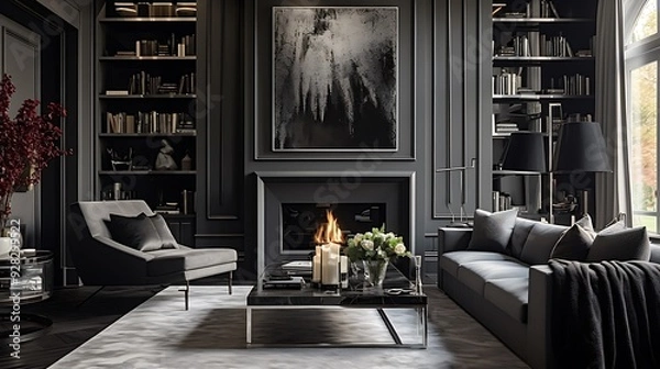 Obraz Stylish living room in modern charcoal gray and silver accents