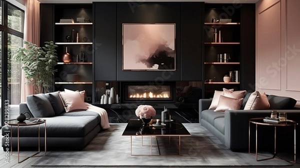 Obraz Stylish living room in modern black and rose gold