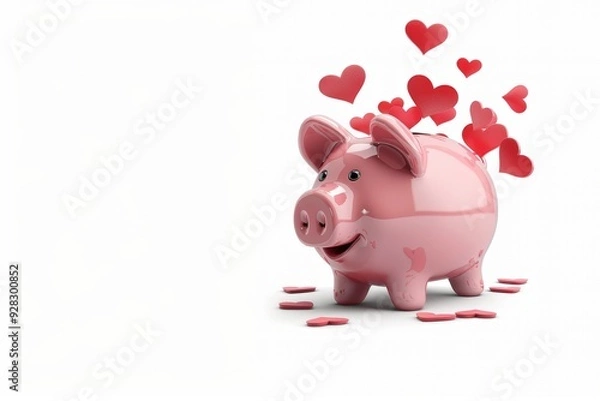 Fototapeta An adorable pink piggy bank with a delighted expression, releasing multiple red hearts, placed on a smooth white background representing love and happiness.