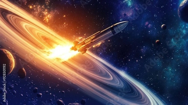 Fototapeta Spaceship flying through a nebula with a planet and asteroid field in the background.