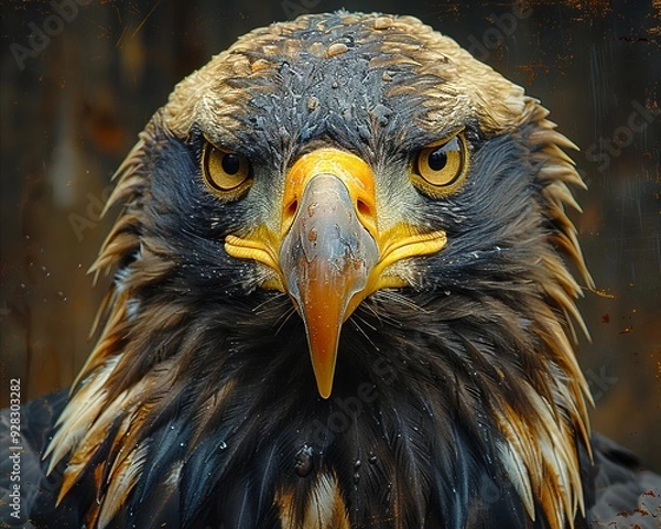 Fototapeta A close up of a bald eagle's head with water droplets on it's face