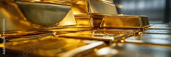 Fototapeta A closeup view of shiny gold bars stacked neatly inside a secure vault