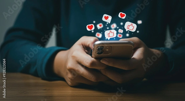 Fototapeta Closeup of a person using smart phone and social media hearts likes icons coming from the phone and float.