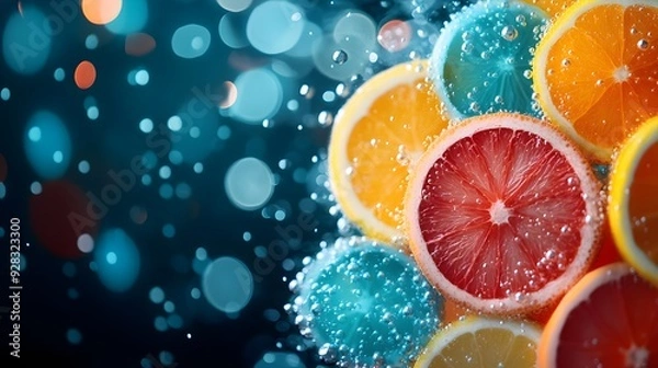 Fototapeta A holographic citrus spritzer, with neon blue bubbles and glowing orange, lemon, and grapefruit slices, futuristic, cyberpunk, digital art, high contrast.