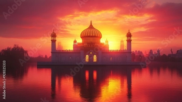 Fototapeta Sacred Sikh gurdwara with its golden dome glowing under a vibrant sunset, reflecting divine grace and peace