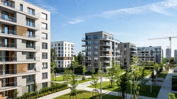 Fototapeta Cityscape of residential area with modern apartment buildings on a clear day. Close-up of medium-density architectural houses of the same design next to each other.