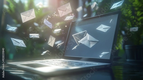 Fototapeta A 3D rendering of a laptop featuring letters and flying envelopes that represents the idea of email marketing