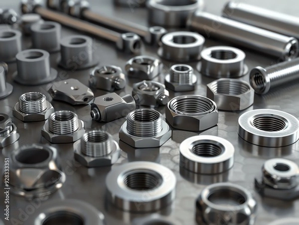 Fototapeta 3D render of industrial nuts and washers, realistic