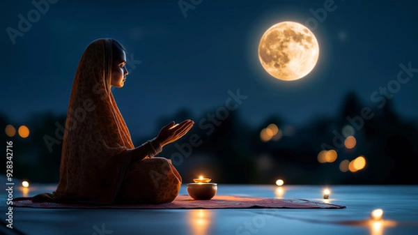 Fototapeta A woman in traditional attire performing a moonlit prayer, with the full moon shining brightly in the background, symbolizing devotion and spiritual connection during Sharad Purnima.