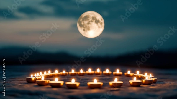 Obraz Close up Traditional Indian lamps (diyas) arranged in a circular pattern under the full moon, representing the light and positivity associated with Sharad Purnima.