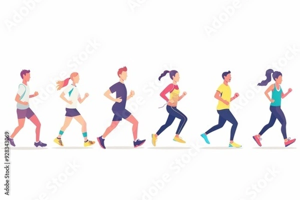 Obraz Group of people moving together in a straight line, possibly in an athletic or team-building event